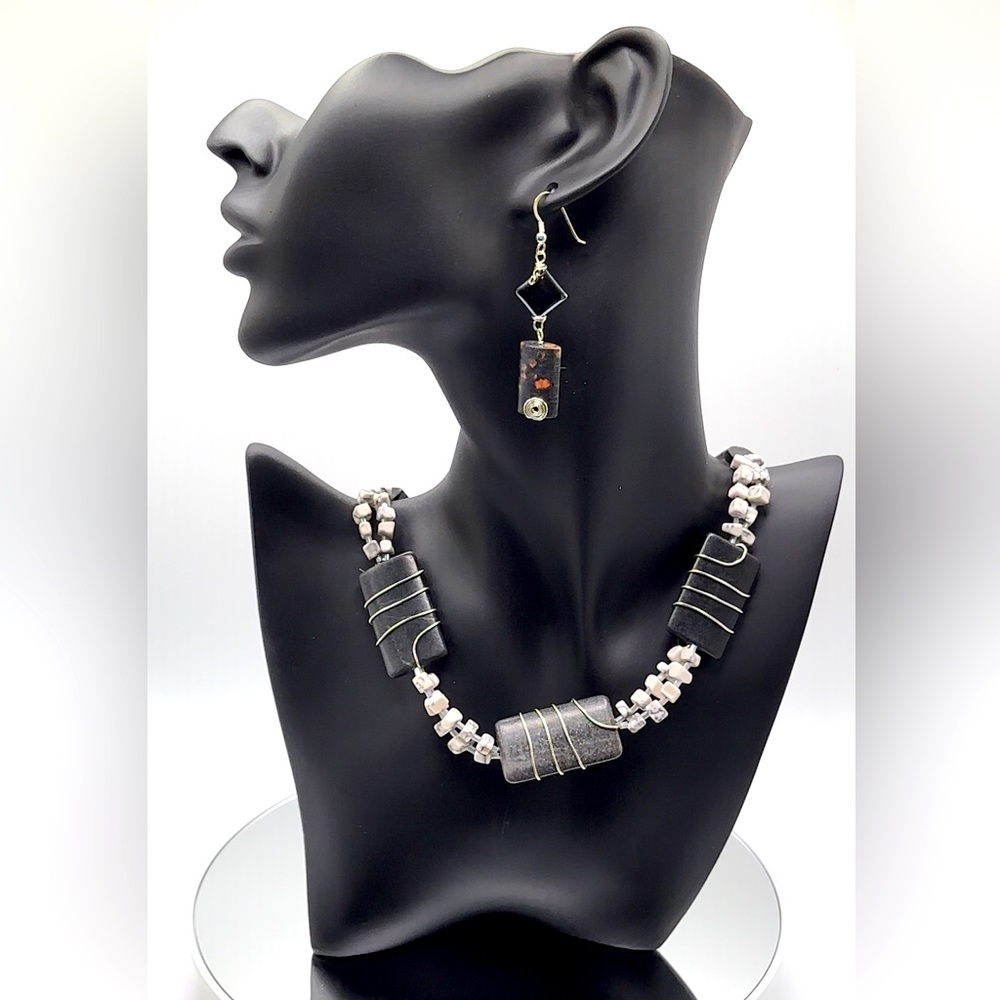 *RARE* Black and Grey Raw Obsidian with Rainbow Obsidian Earrings S925 Necklace